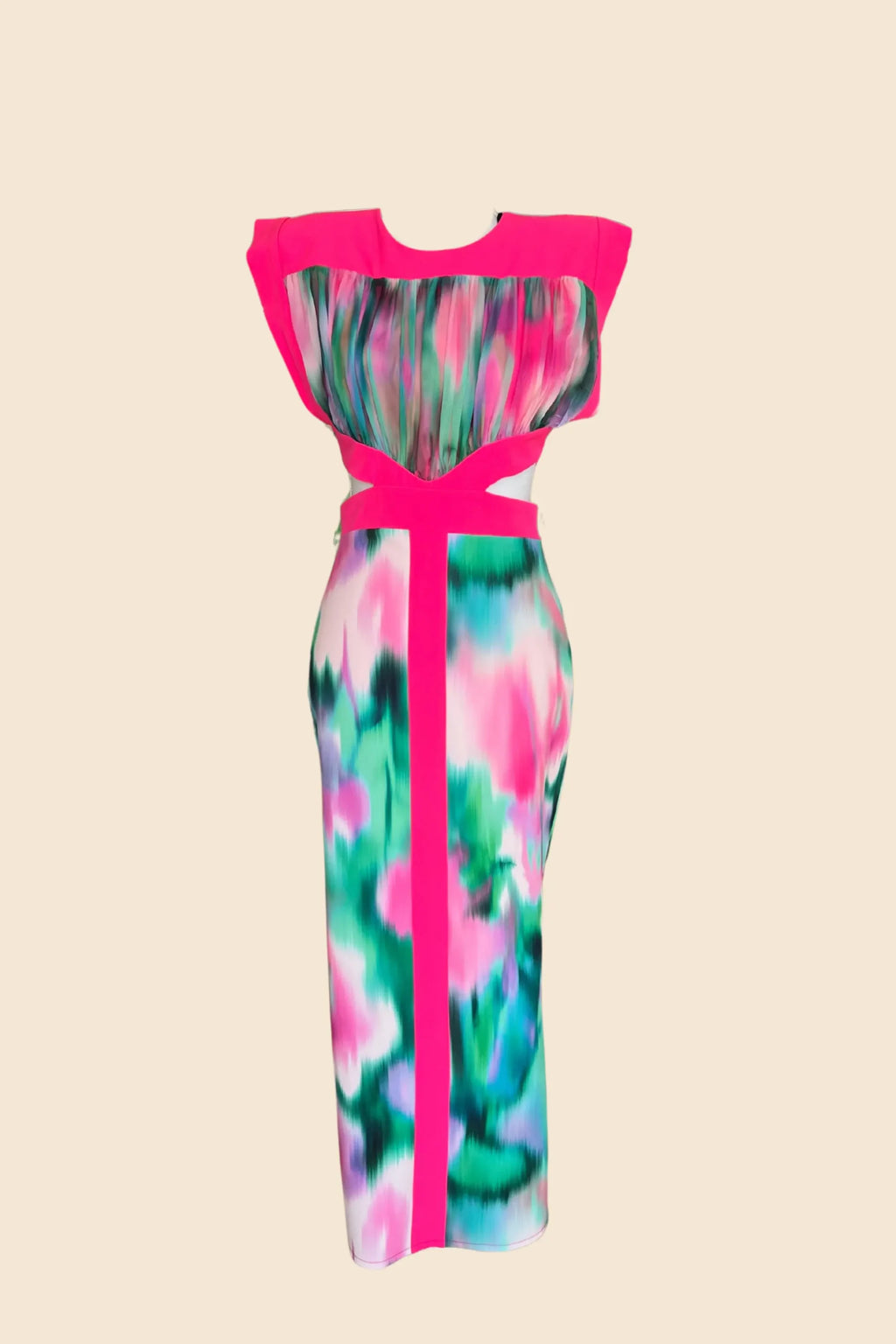Vestido estampado verde y rosa con cu-out lateral y gasa en el pecho.