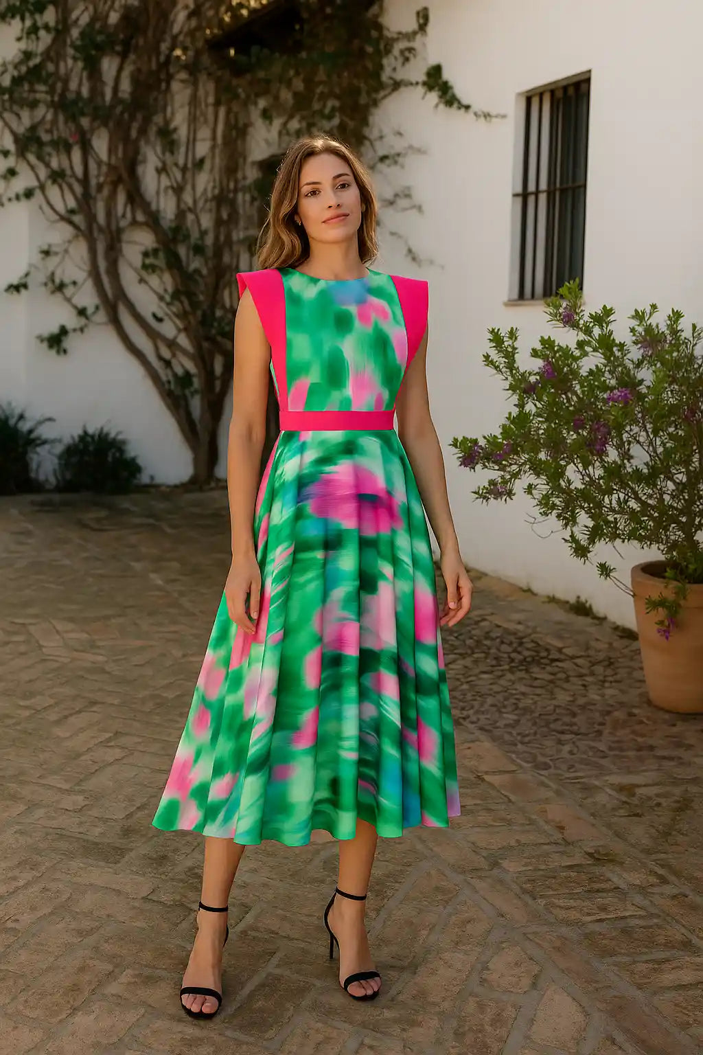 Vestido midi estampado verde y rosa con alerones y espalda abierta.
