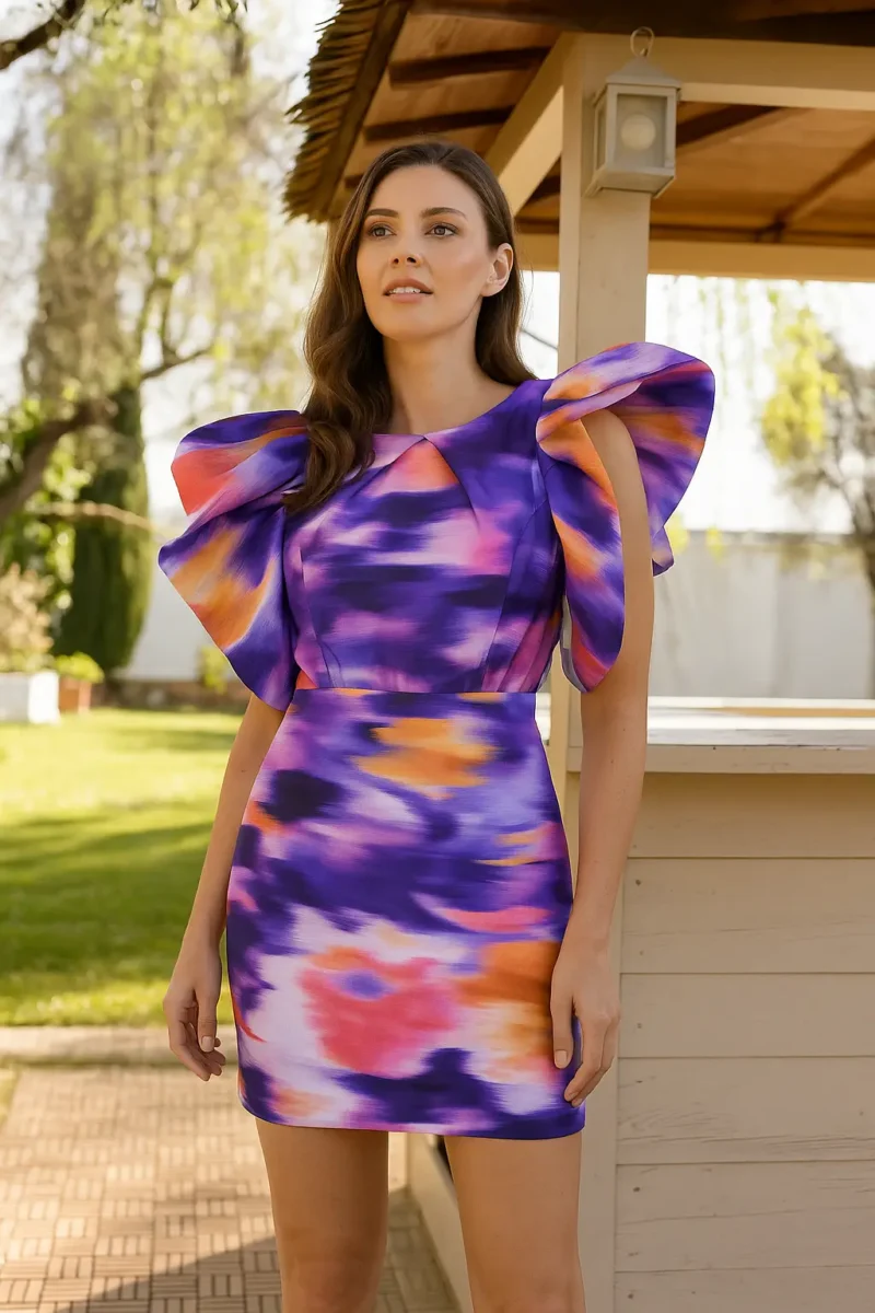 Vestido corto estampado morado con volantes.
